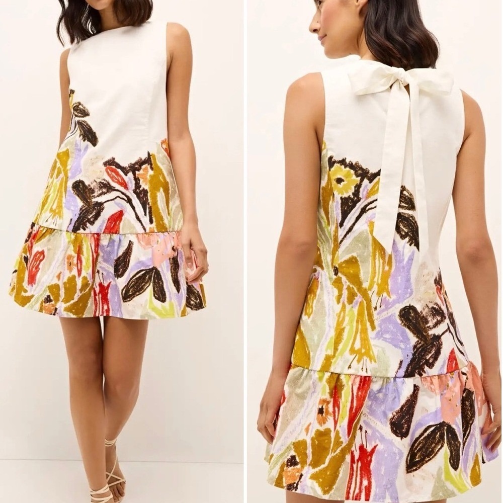Marie Oliver Marilyn Floral Print Sleeveless Bow Back Ruffle‎ Hem Dress White XL